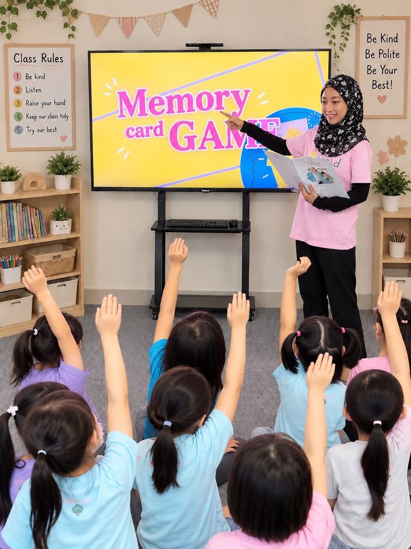 A RightStart teacher leading a memory card game